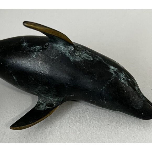 Vintage Cast Metal Bronze Turquoise Dolphin Sculpture 7” Decor - Picture 6 of 6